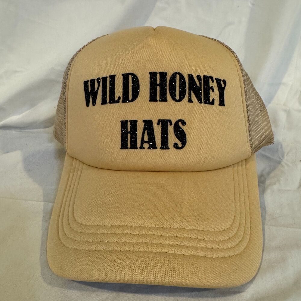 Wild Honey Hats Foam Trucker Hat Mesh Back Snapback Cap Tan Beige Glitter Text